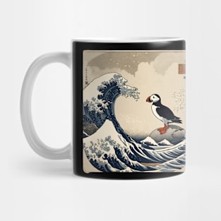 Vintage Funny Puffin Bird Surfing in The Great Wave Mug
